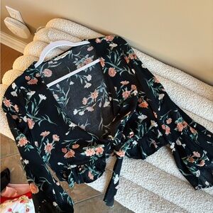 Floral Black Wrap Top